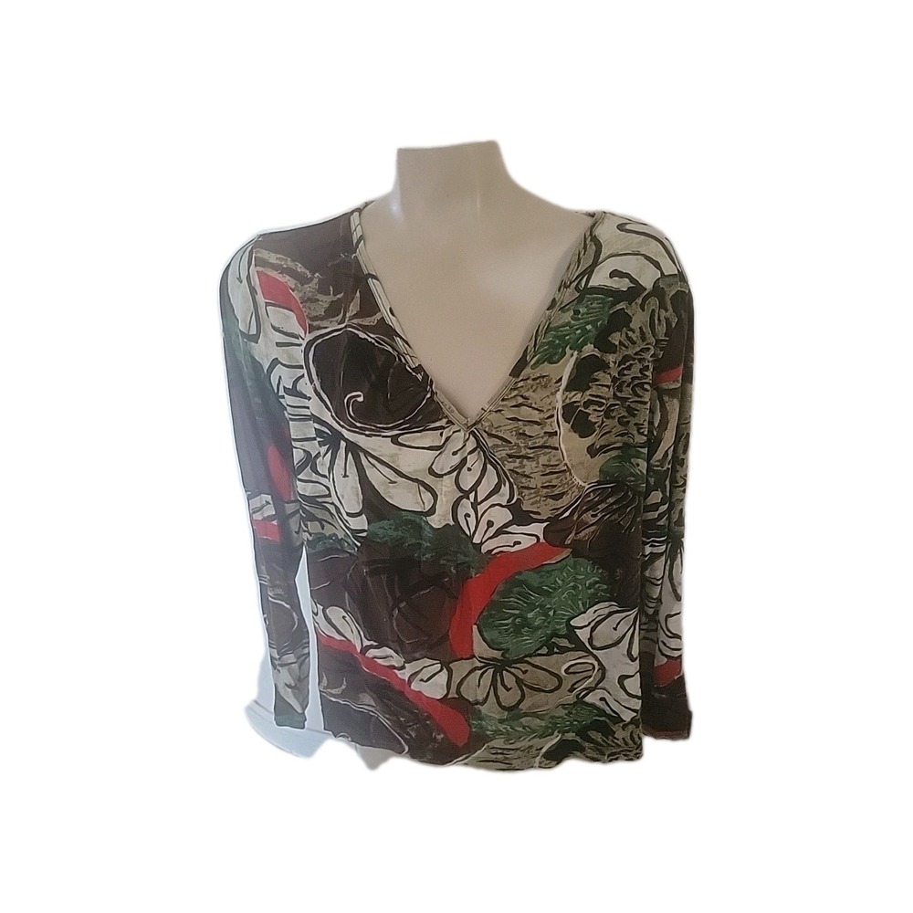 Chico's Floral Print Top Long Sleeve V‎ Neck Colorful Blouse 3 Beach Lightweight